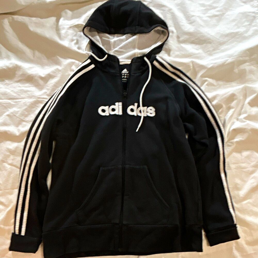 adidas Men's Black Full Zip Fleece Hoodie Hooded Logo Pockets Size L